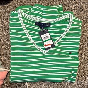 Tommy Hilfiger Green and White Striped V-Neck Tee
